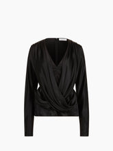 Charger l'image dans la galerie, Black Draped V-Neck Satin Blouse