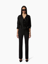 Charger l'image dans la galerie, Black Draped V-Neck Satin Blouse