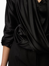 Charger l'image dans la galerie, Black Draped V-Neck Satin Blouse