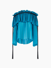 Charger l'image dans la galerie, Blue Boat Neck Silk Top With Bow Details
